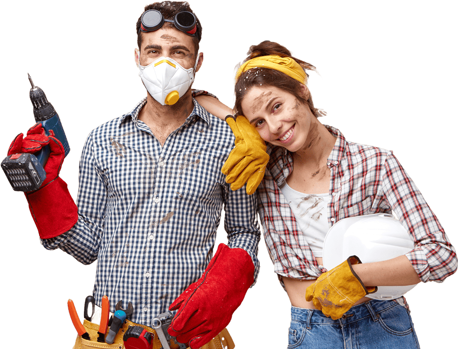 Two construction workers, a man and a woman, wear safety gear and hold tools, including a power drill and a helmet.